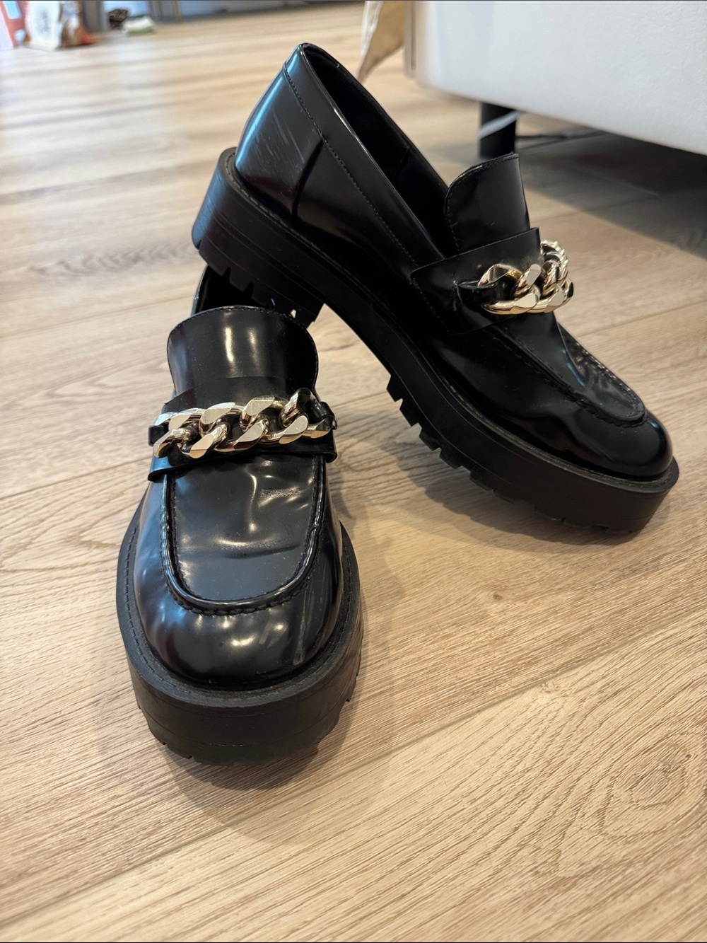 Zara Black Patent Loafers with Gold Chain Detail